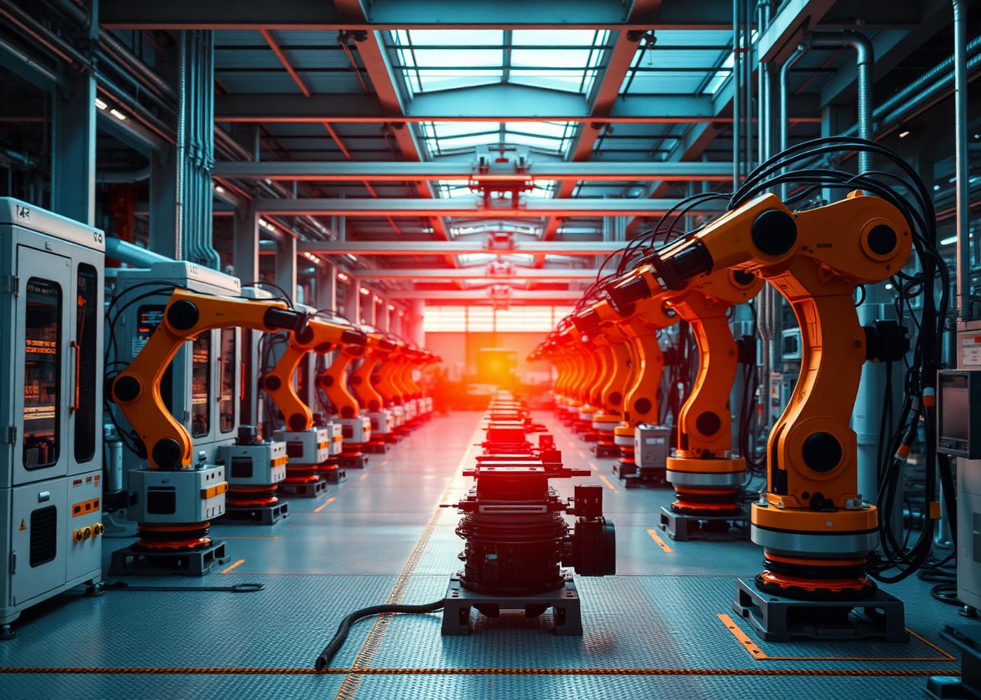 Chão de fábrica moderno com robôs industriais